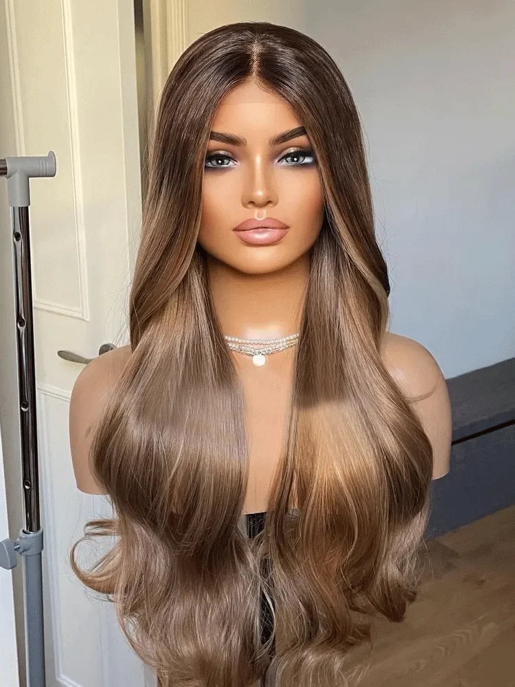 Honey Blonde Lace Front Wig Heat Resistant Premium Synthetic Lace Front Wig Brown Blonde Mix Wig For Woman Long Wavy