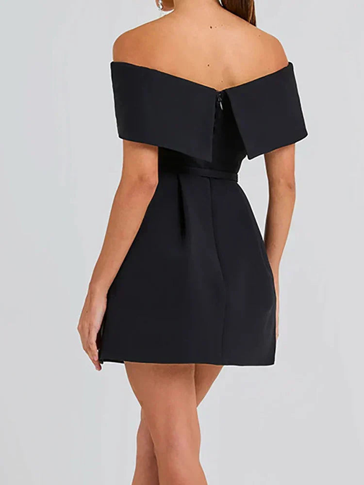 Off Shoulder Belted Fit and Flare Pocket A-Line Mini Dress