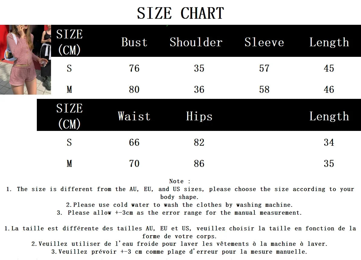 Red Striped Y2k Vintage 2 Piece Set Women Buttons O Neck Crop Top Long Sleeve+Drawstring Shorts Sweet Fashion Slim Shorts Sets
