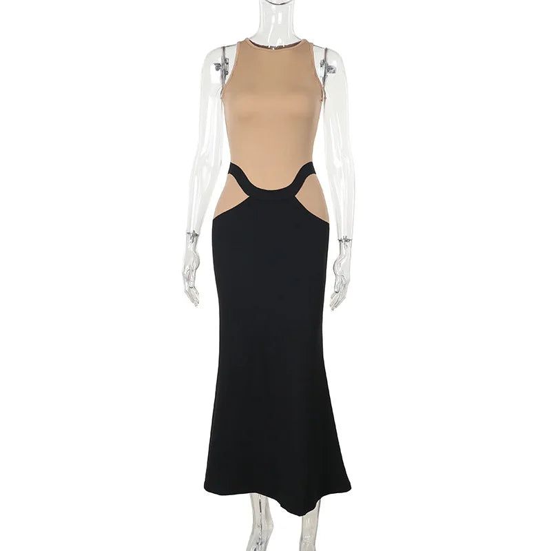 High Neck Sheer Mesh Bodice Curved Waist Hip Cutout Column Maxi Gown
