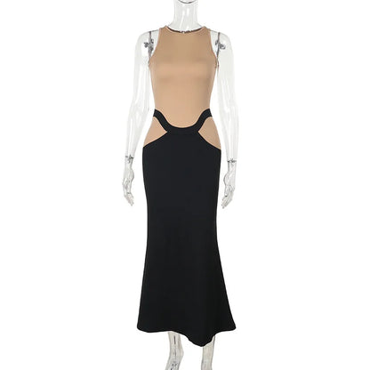 High Neck Sheer Mesh Bodice Curved Waist Hip Cutout Column Maxi Gown