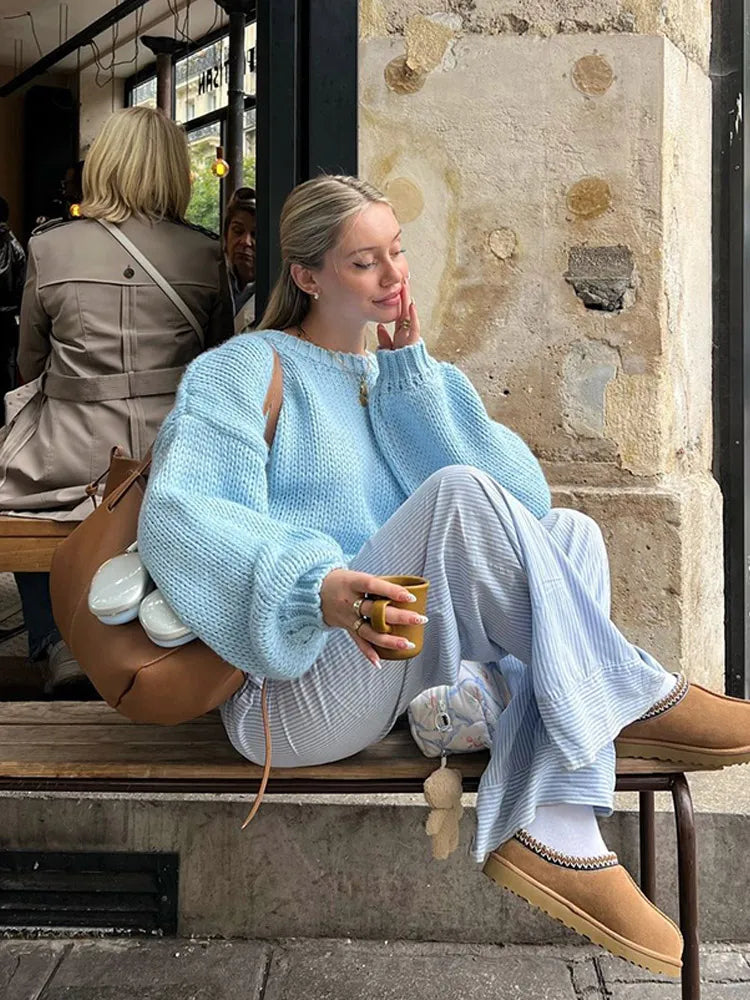 Fashion Blue Long Lantern Sleeve Knitted Jumper Women Elegant Solid O Neck Loose Sweater New Chic Lady Commuting Pullover