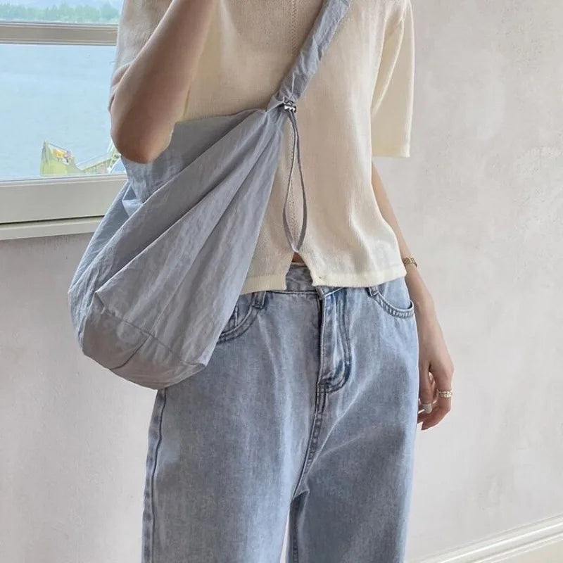 Cute Pink Shoulder Bag Women Pleated Solid Color College Style Fashion Tote Bag Large Capacity Drawstring Elegant Handbag