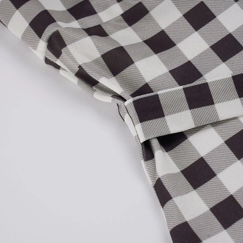 Elegant Women A Line Short Dress Fashion O Neck Plaid Print Sleeveless Tie Waist French Retro Casual Summer Mini Dress