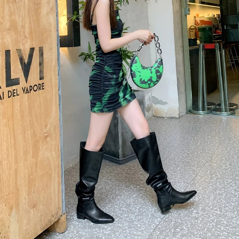 Hot Girls Knee- High Boots Slip On Simple Pleated Microfiber Winter Botas Big Girth Spring Autumn Modern Woman Boots Size 43