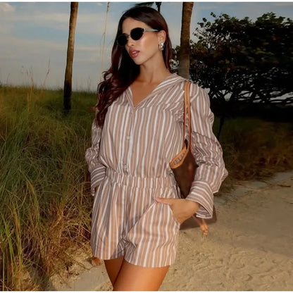 Casual Stripe Women Overalls Shorts Chic Long Sleeve Lapel Single Button Short Female Jumpsuit 2025 Summer Lady Street Romper