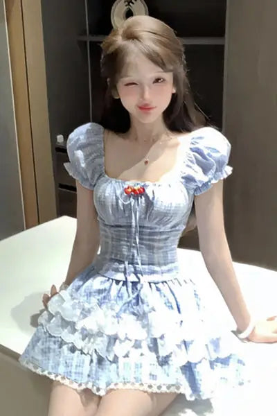 Sweet and Cute Puff Sleeve Slim Bodysuit for Women's Summer Lace Fluffy Cake Skirt Two-piece Set