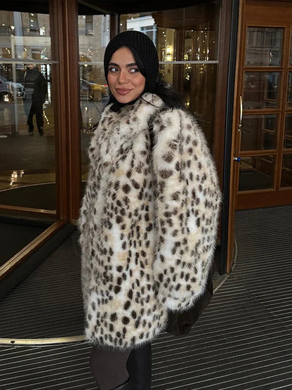 Women Fashion Leopard Faux Fur Jacket Coat Long Sleeve Front Snap-button Female Outerwear Chic Lapel Collar Thick Coats