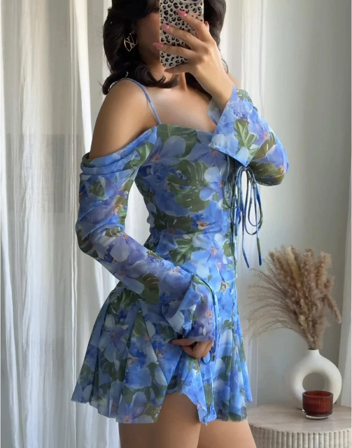 Sexy Beach Holiday Fashion Women's Dress Printed Long Sleeve Backless Lace-up Ruffled Mini Dress Fashion Summer Dress