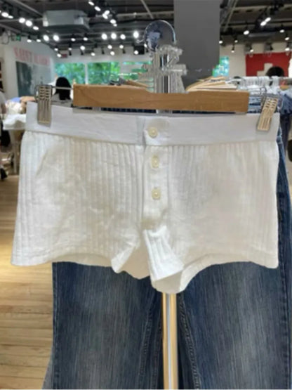 Casual Women Fashion Front Buttons Blue Striped Printed Shorts Summer Vintage High Elastic Waist Female Chic Bottoms