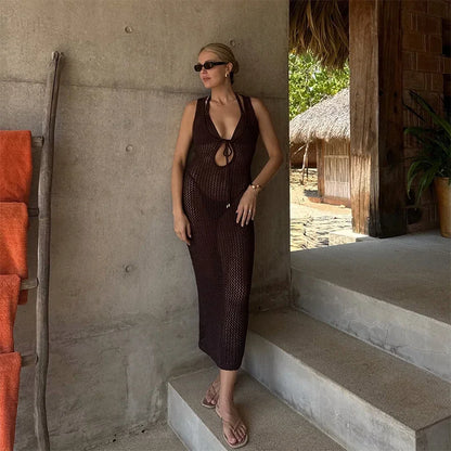 Beach Hollow Out Knit Long Dress Women Slim Sleeveless Lace Up V-neck Bodycon Dresses Female 2025 Summer Party Solid Robes