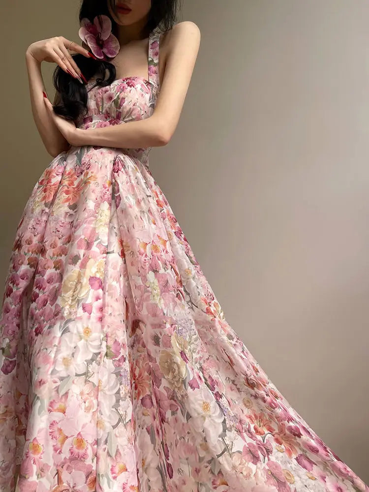 Suspender Dress Floral French Exquisite Print Summer Vacation Seaside Swing Long Women'S Long Dress