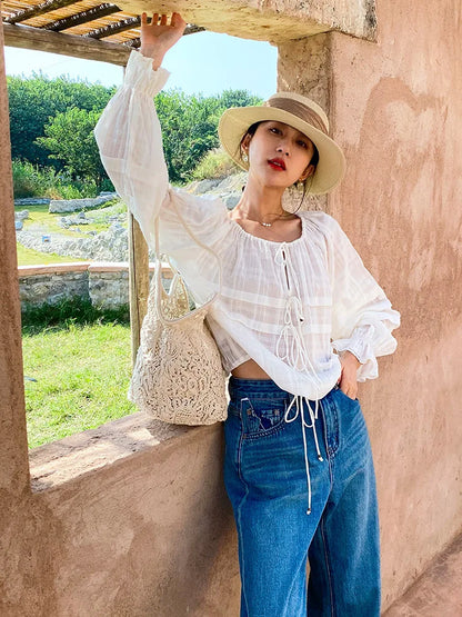 Elegant Chic Loose Shirt Blouse Spring Summer 100% Cotton Long Sleeve Sheer Tiered Vintage Women Ladies Blouse Tops