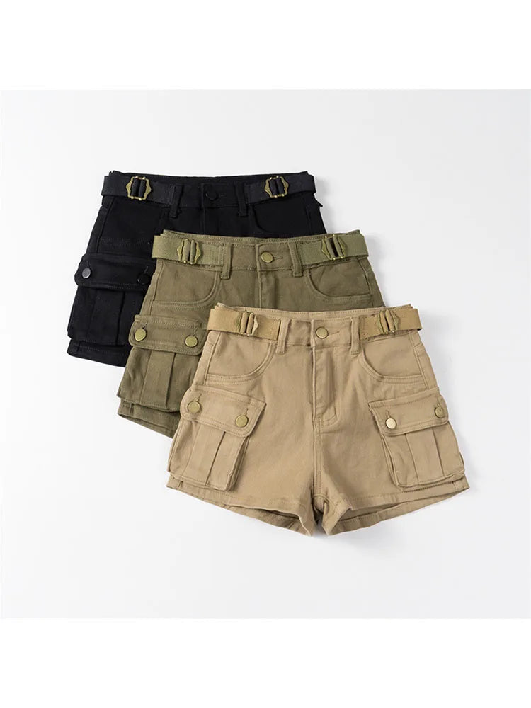 Vintage Women's Denim Shorts Hight Waisted Pockets Khaki Y2k Casual Jeans Cargo Pants Gothic Black Short Jeans Summer New