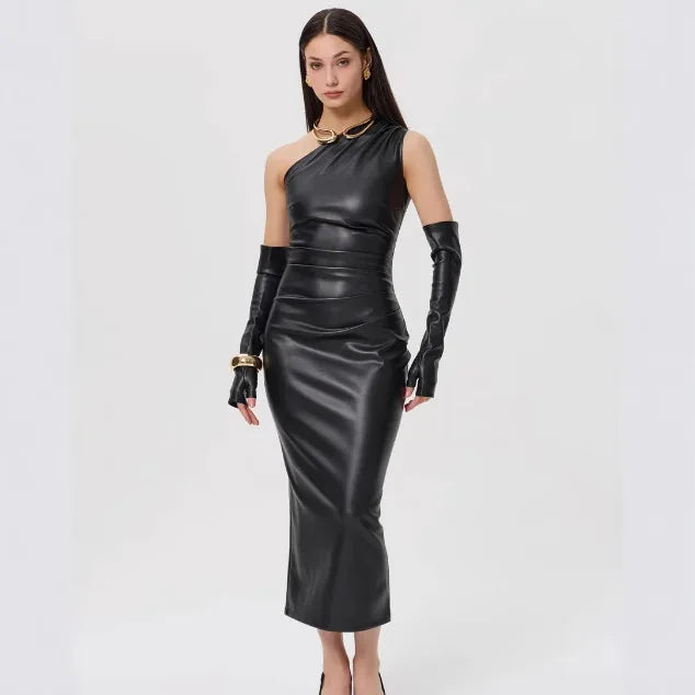 Faux Leather One Shoulder Ruched Bodycon Midi Dress