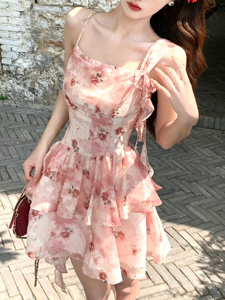 Summer French Elegant Floral Dress Women Casual sweet Retro Slim Mini Dress Korean Fashion Vintage Y2k 2000s Strap Dress