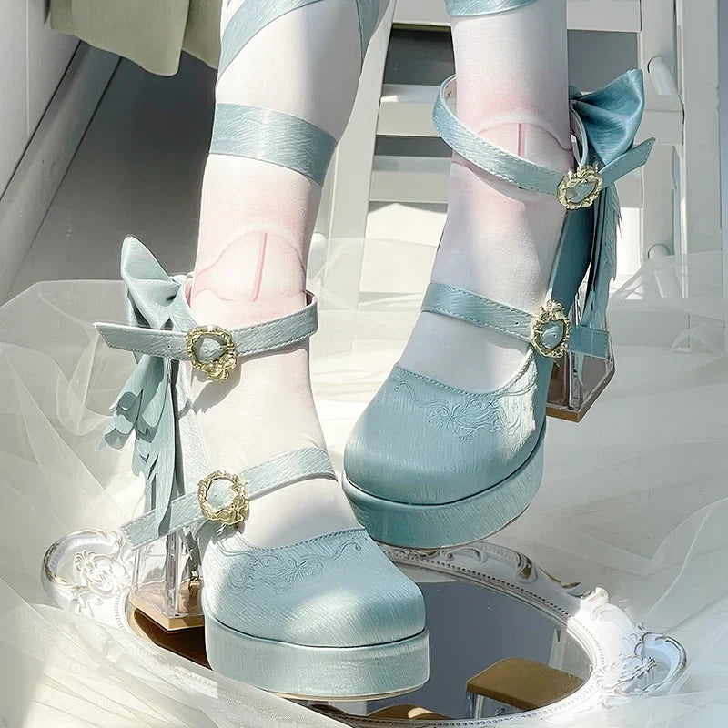 Original Lo Cos High Heels Spring and Autumn New 2025 Japanese Girls Women's Cute Bow Elegant Platform Shoes Y2k Sweet Pumps