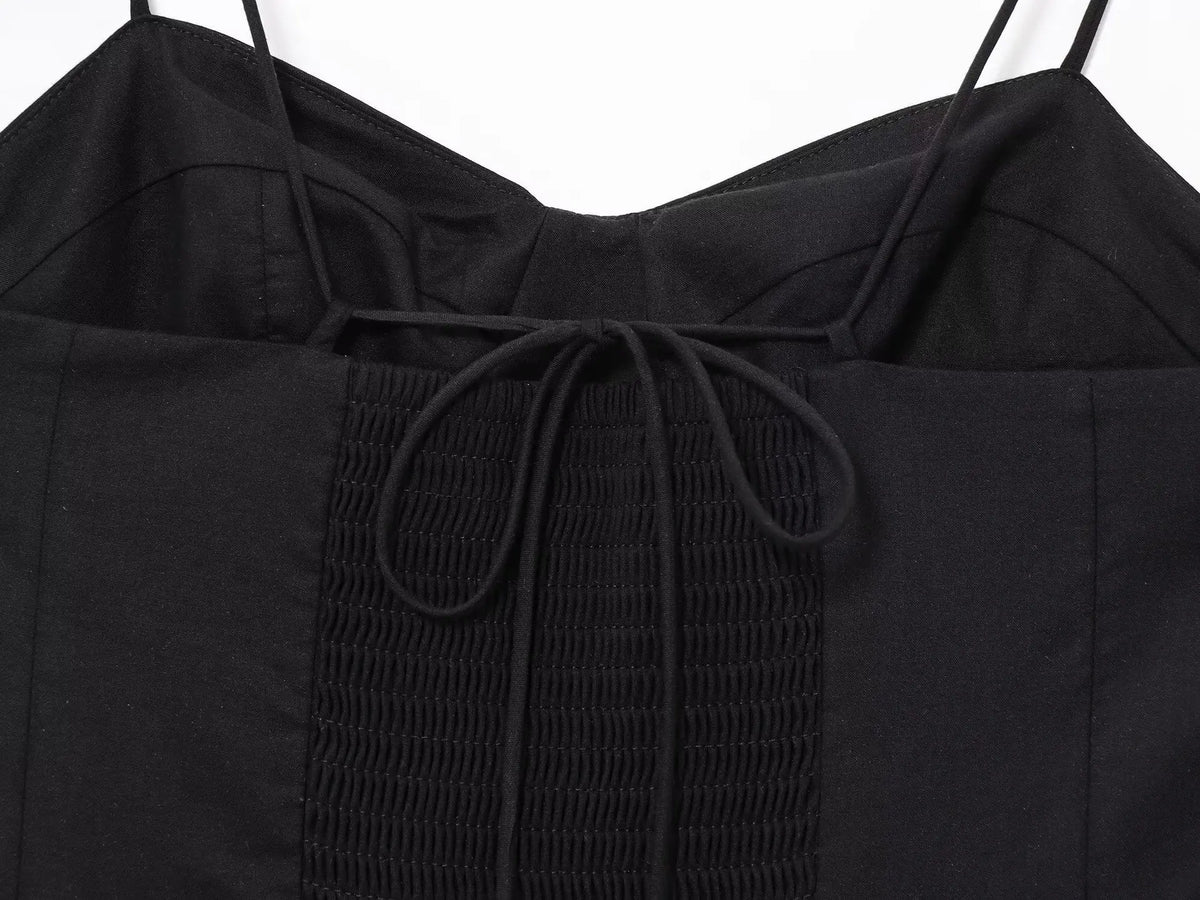 Women's Commuter Retro Dress Summer New Black Suspender Multi-layered Stitching Beach Holiday Dress Sexy V-neck Casual Fashion
