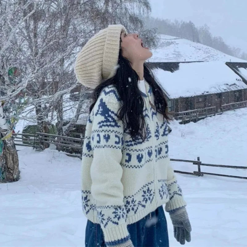Vintage Autumn Winter Skiing Christmas Tree Sweater Women Loose Double Zipper Knit Cardigans European Elegant Jacket Outerwear