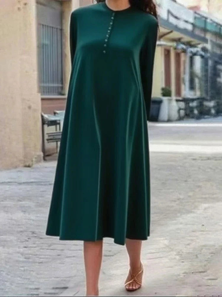 Casual O-neck Long Sleeve Velvet Maxi Dress Temperament Solid Color Loose Party Robes Lady Simple Pleated Commute A-line Dresses