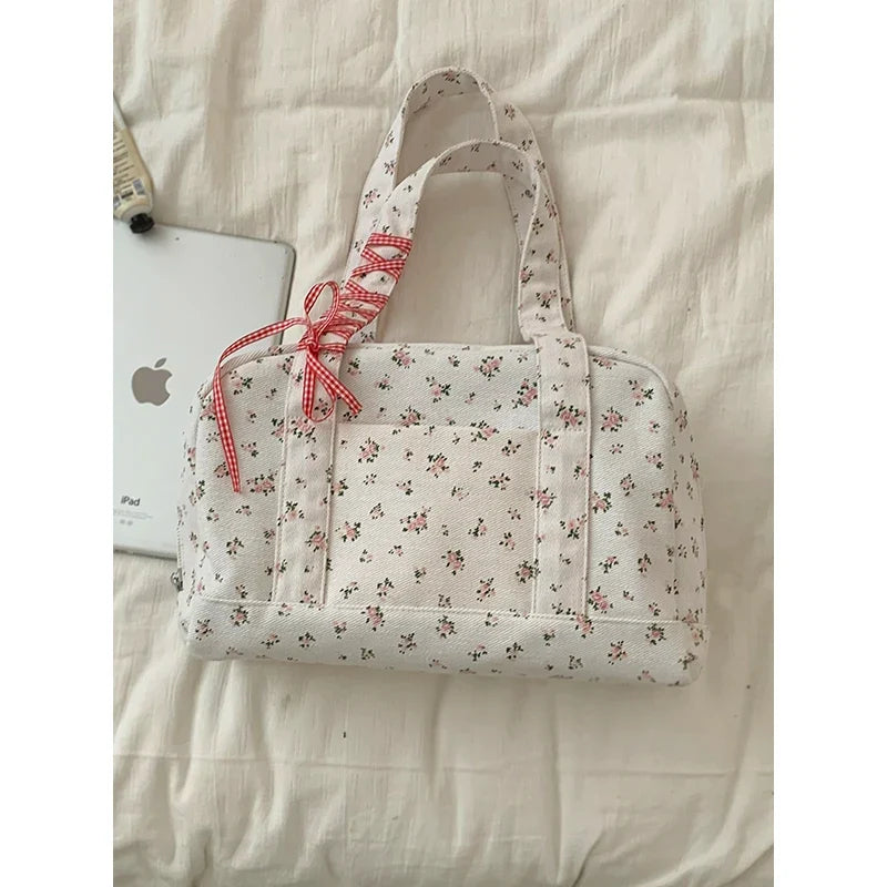 Large Capacity Canvas Bags for Women's Korean Fashion Summer Floral Shoulder Versatile Commuting Underarm Bag