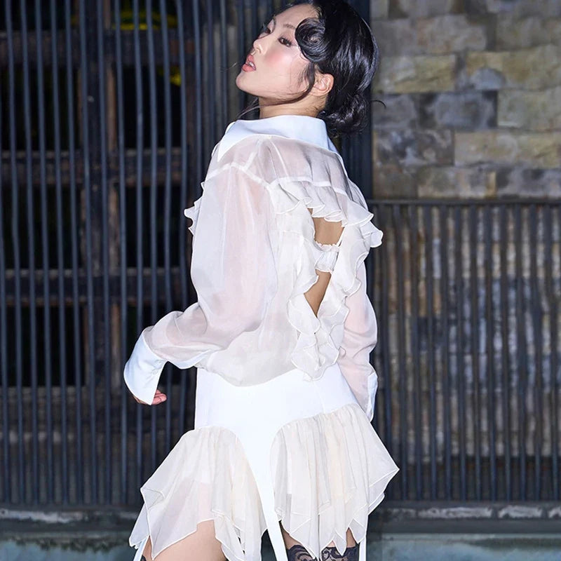 Sexy See-Through Hollow Cardigan Top High Waisted Lace Up Skirt Suit Women's Y2K Hot Girl Outfits Club Party Fashion Suit