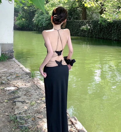 Sexy strap butterfly backless mid-length dress with niche design, bodycon and hip-hugging style Spicy Girl