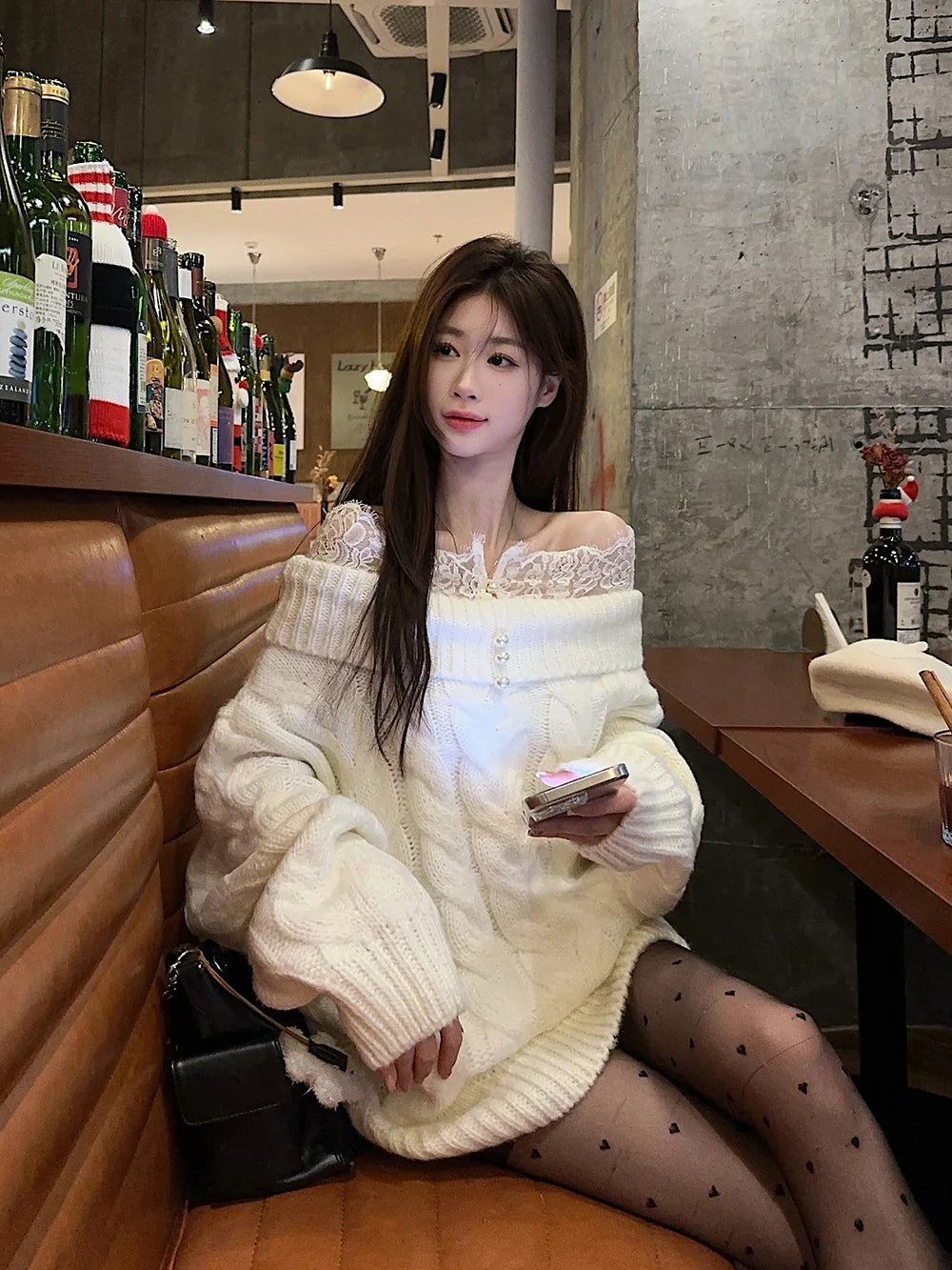 Lazy Style Women Slash Neck Fashion Sweater French Lace Patchwork Loose Cloak Off Shoulder Knitted Top Oversize Loose Pullover