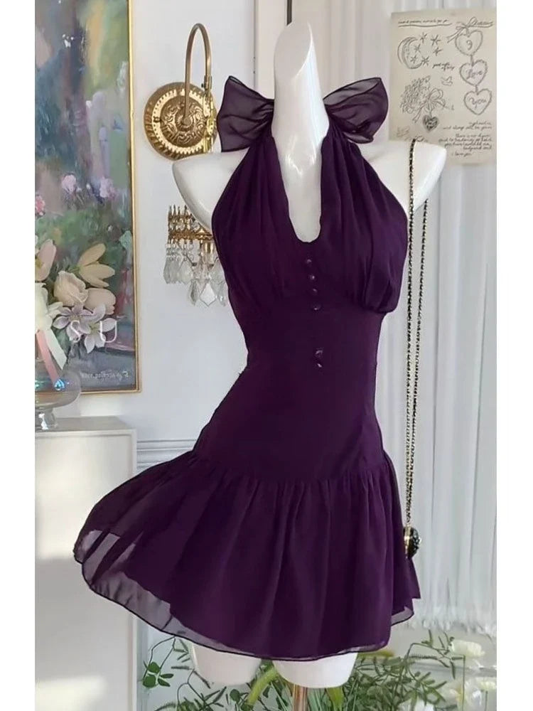 Purple Sexy Retro Elegant Woman Summer Dress Button Design Harajuku Princess Prom Dress Female Chic Korean Popular Clothes