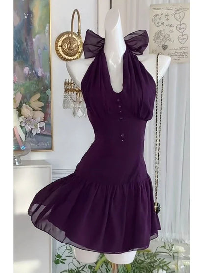 Purple Sexy Retro Elegant Woman Summer Dress Button Design Harajuku Princess Prom Dress Female Chic Korean Popular Clothes