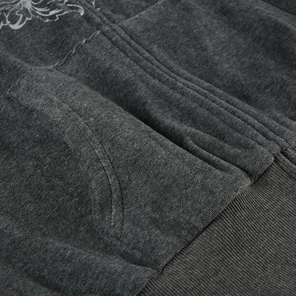 Y2K Graphic Print Zipper Jacket with Hooded Vintage Aesthetic Gray 2000s Women Coat Knitted Outwear Autumn Outfits