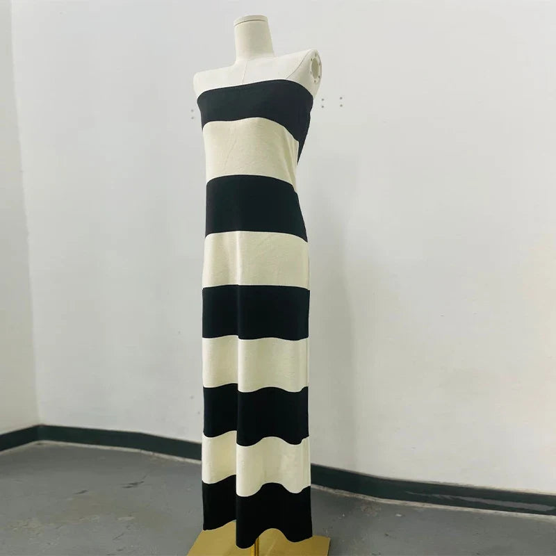 Elegant Striped Knit Cardigan Dress Women Outfit Long Sleeve Button Jacket Tube Sleeveless Dresses Spring Autumn Lady Set