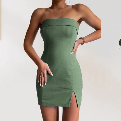 Women Sleeveless Mini Dress Skinny Strapless Slim Dress Side Split Sexy Sheath Dress Solid Color Evening Party Dress