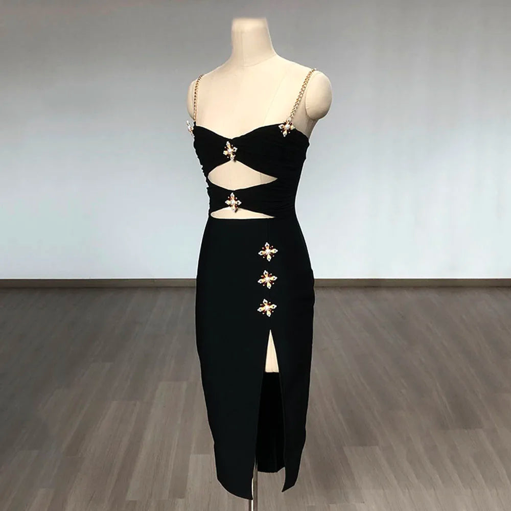 Chain Strap Sweetheart Cutout Rhinestone Brooch Slit Midi Dress