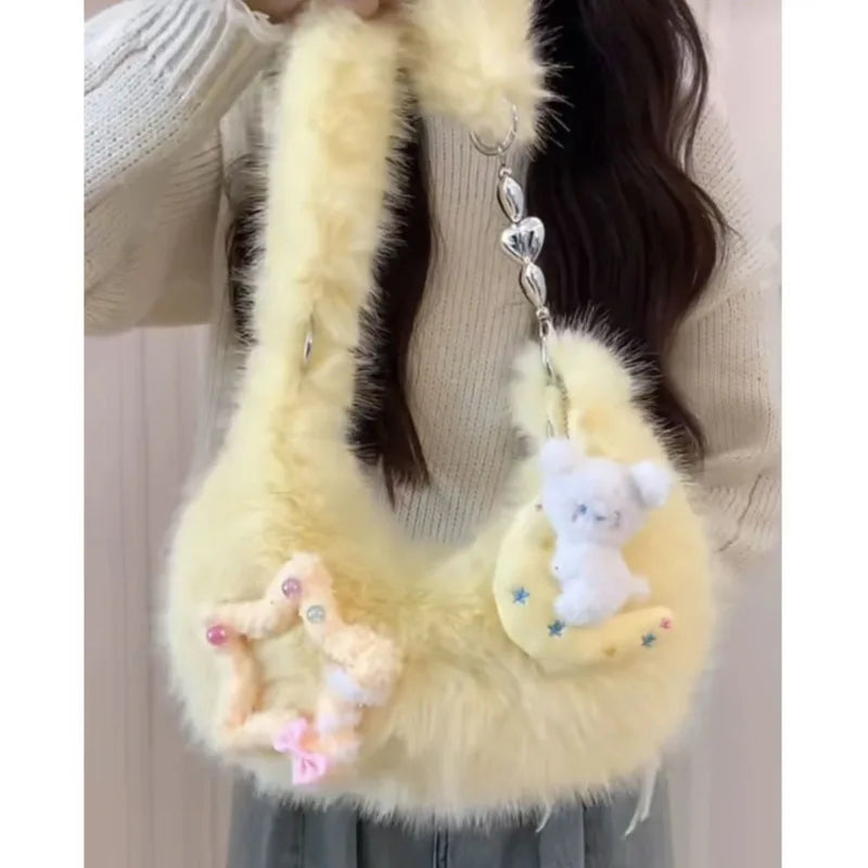 New Korean Plush Shoulder Bag Women's Zipper Large Capacity Crossbody Bag Cute Japanese Splicing Girl's Bag