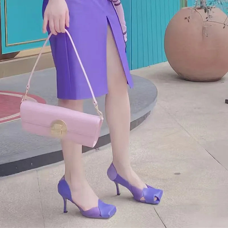 Vintage Square toe Patchwork Hollow out Women Pumps Spring Summer Fashion Patent Leather Slip-on Thin High heels Party Shoes