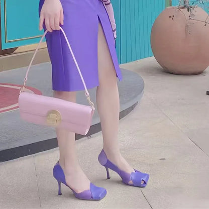 Vintage Square toe Patchwork Hollow out Women Pumps Spring Summer Fashion Patent Leather Slip-on Thin High heels Party Shoes