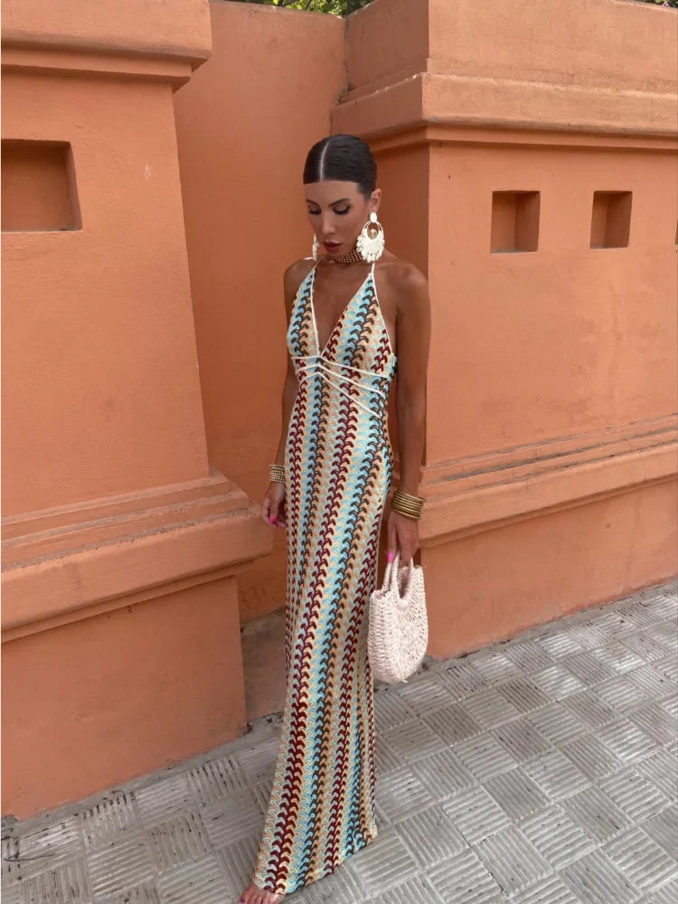 Halter Deep V Crochet Wave Pattern Column Maxi Dress