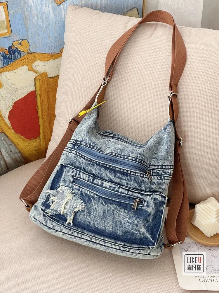Korean Retro Washed Denim Women's Bag Spicy Girl One Shoulder Tote Student Fashion Versatile Backpack