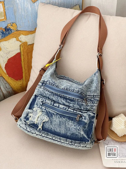 Korean Retro Washed Denim Women's Bag Spicy Girl One Shoulder Tote Student Fashion Versatile Backpack