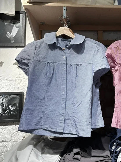 Pink Striped Peter pan Collar Blouse Women Casual Preppy Style Button Short Sleeve Tees Sweet Vintage Cute T-shirts Y2K Tops New