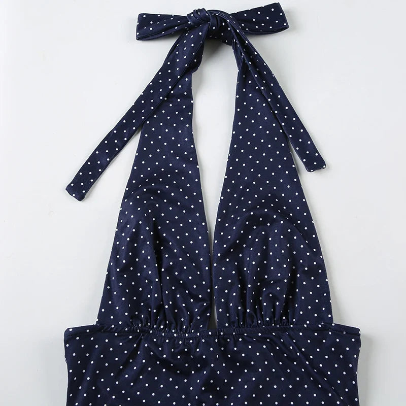 Dot Print V-neck Halter Camisole Top and A-line Layered Skirt Suit Fashion Sexy Women Backless Summer Two Piece Set