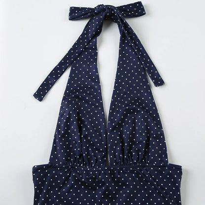 Dot Print V-neck Halter Camisole Top and A-line Layered Skirt Suit Fashion Sexy Women Backless Summer Two Piece Set