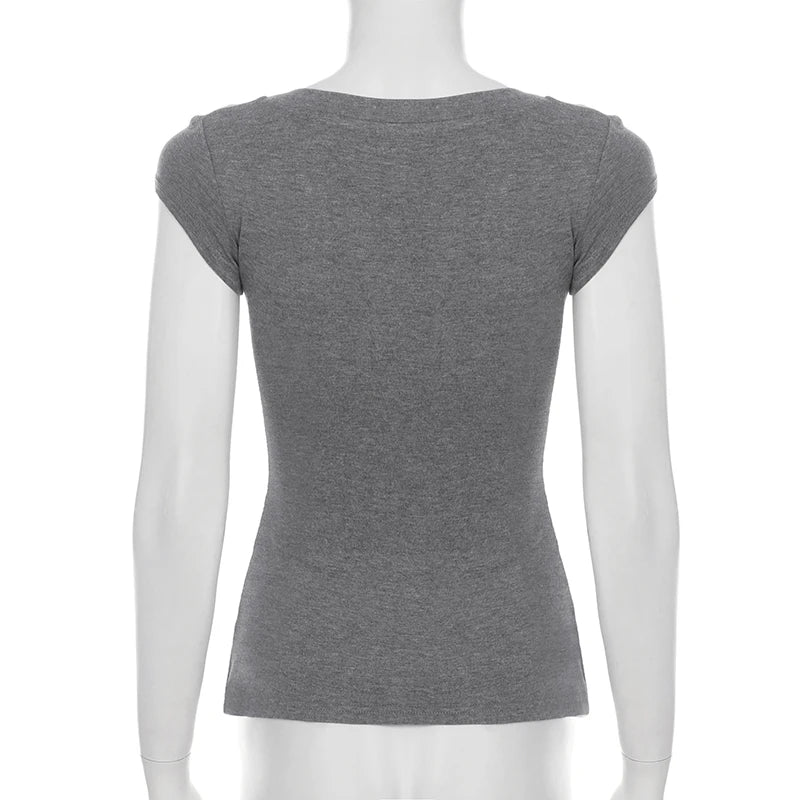 Casual Grey V-neck Crop Top Women Basic Skinny Short Sleeve Knitted T-shirts for Summer y2k Vintage Harajuku Tees Retro