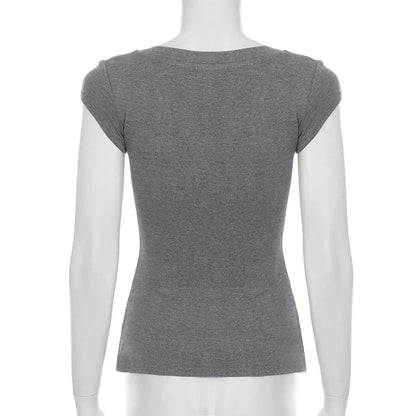 Casual Grey V-neck Crop Top Women Basic Skinny Short Sleeve Knitted T-shirts for Summer y2k Vintage Harajuku Tees Retro