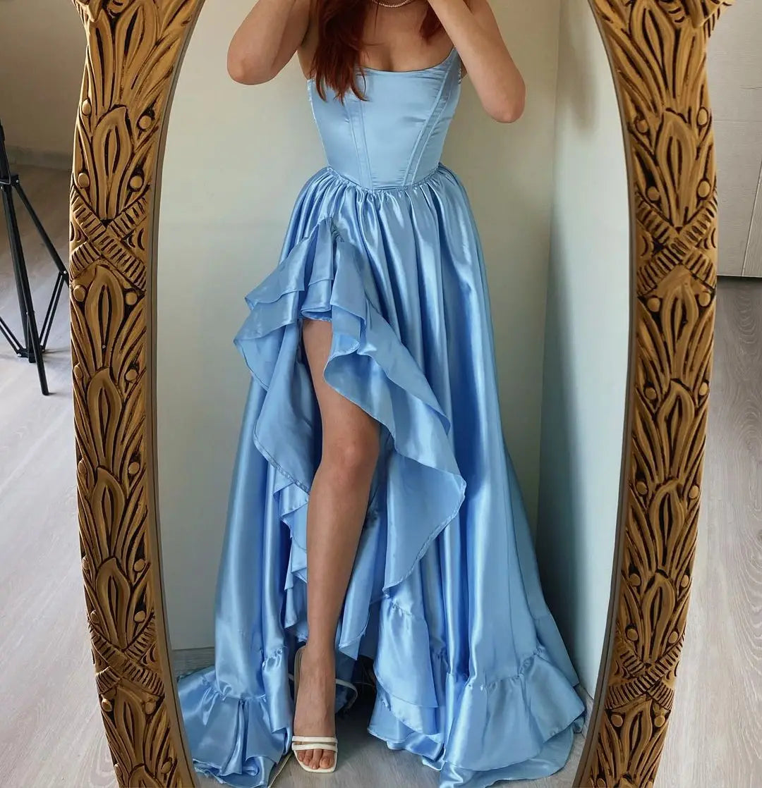 Elegant Royal Blue Ruffled Corset Evening Party Dress Sexy Off-shoulder High-low Birthday Tight Prom Gown with Leg Split