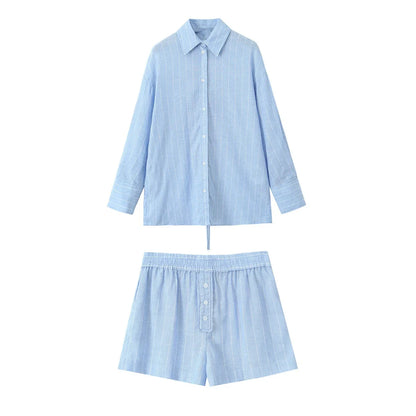 Summer Casual Striped 2 Piece Set 2024 New Long Sleeve Back Lace-up Shirt+Elastic Waist Shorts Sets Elegant Fashion Women's Suit