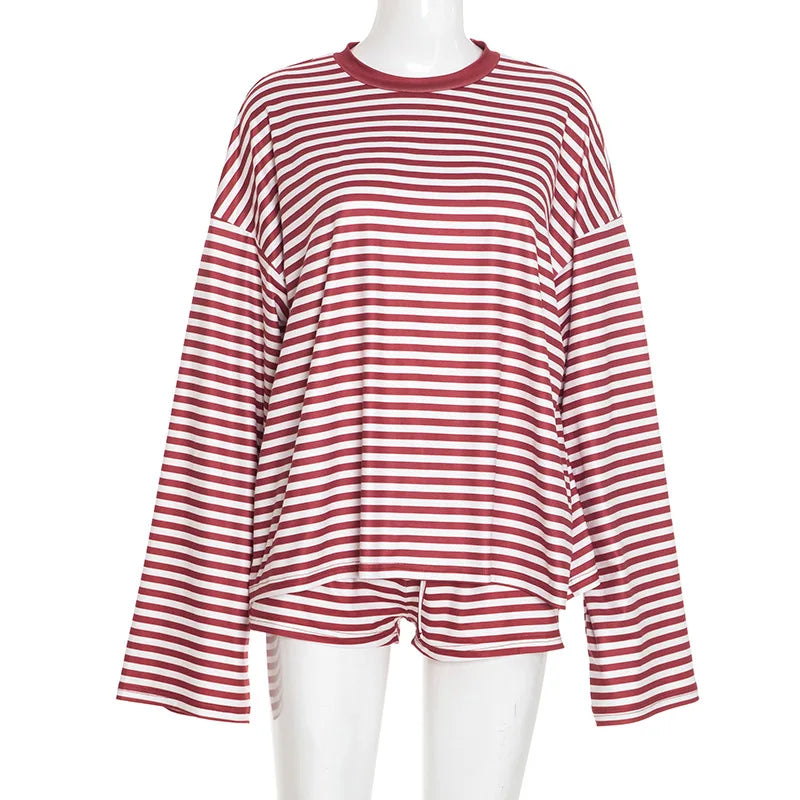 Autumn Striped Women Casual 2 Piece Set Tracksuits O Neck Long Sleeve Loose T-shirts Tops + Drawstring Shorts Home Suits