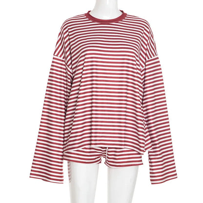 Autumn Striped Women Casual 2 Piece Set Tracksuits O Neck Long Sleeve Loose T-shirts Tops + Drawstring Shorts Home Suits