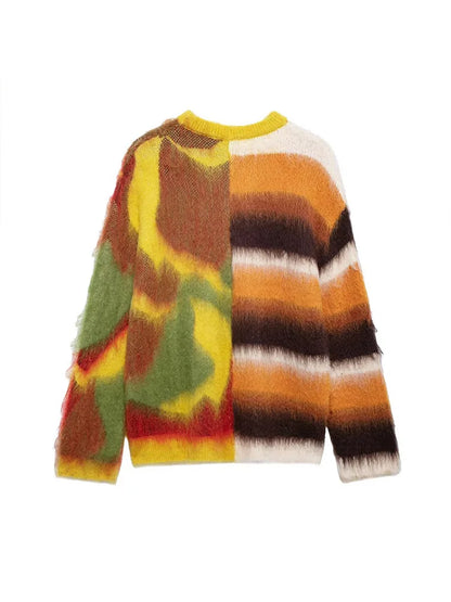 Mohair Contrast Color Knitted Sweater Women Chic Jacquard Loose Striped O-neck Long Sleeve Pullover Soft Furry Autumn Jumper